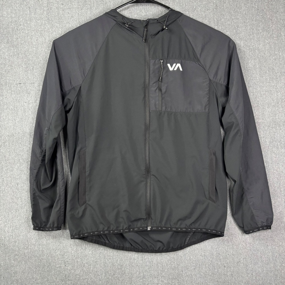 RVCA VA Sport Windbreaker Jacket Mens Medium Black Hooded Full Zip Track